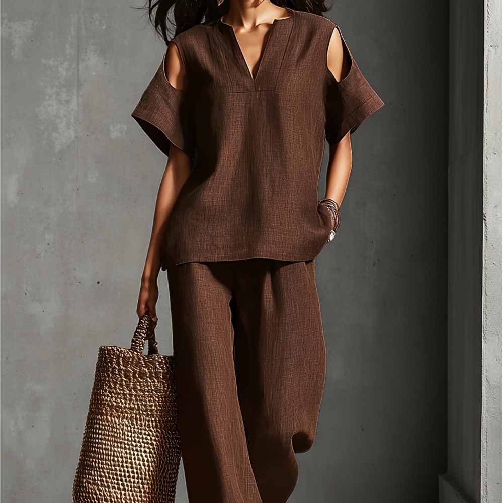 Linen Pant Wide - Women's Solid Color Simple Linen Two