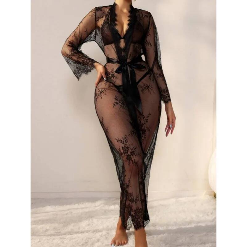 Black Lace Sheer Long Robe For - đánh giá và giá Kimono Sheer Floral