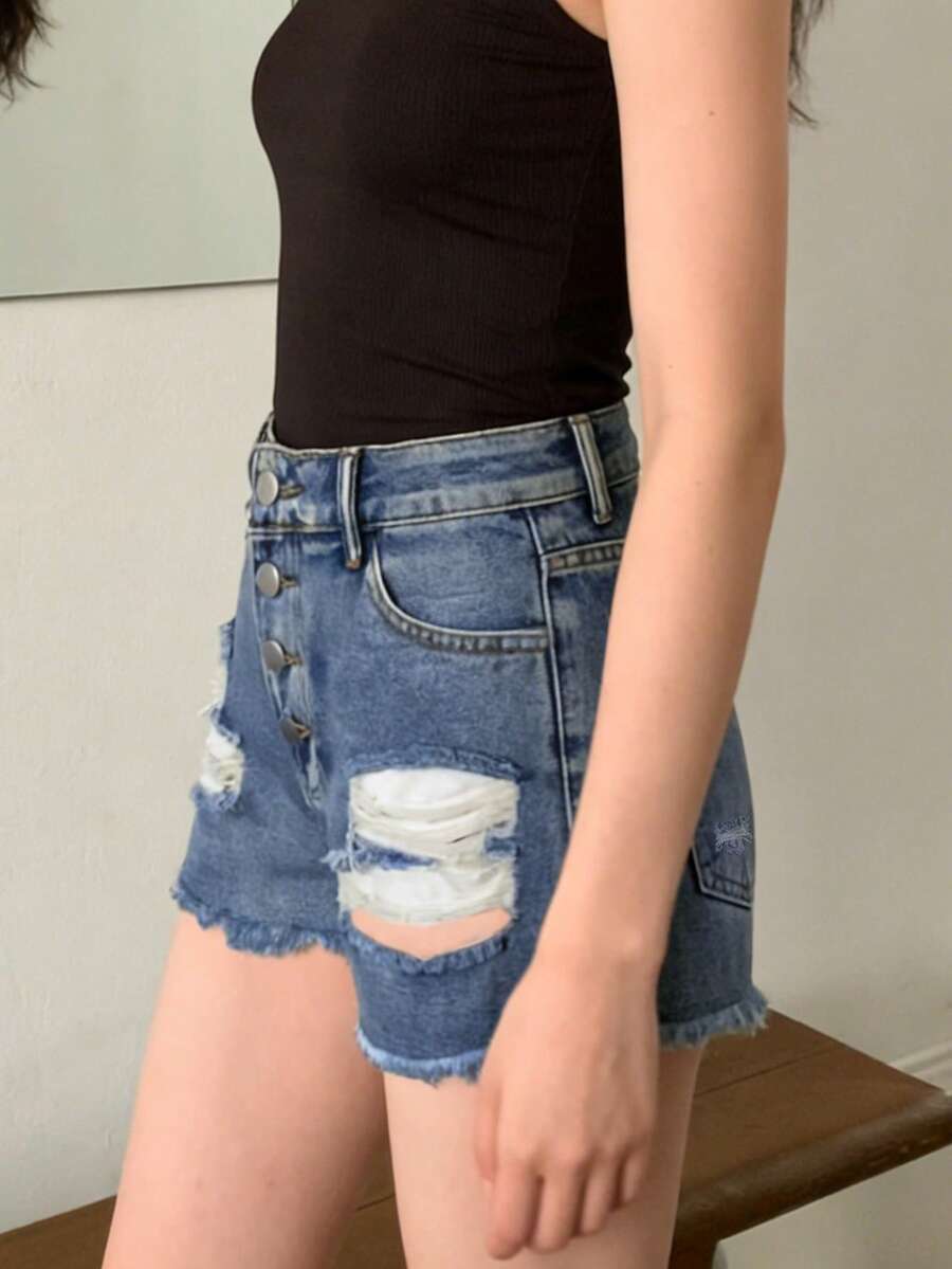 Womens Mid-Rise Distressed Fra - đánh giá và giá Shorts Denim Frayed