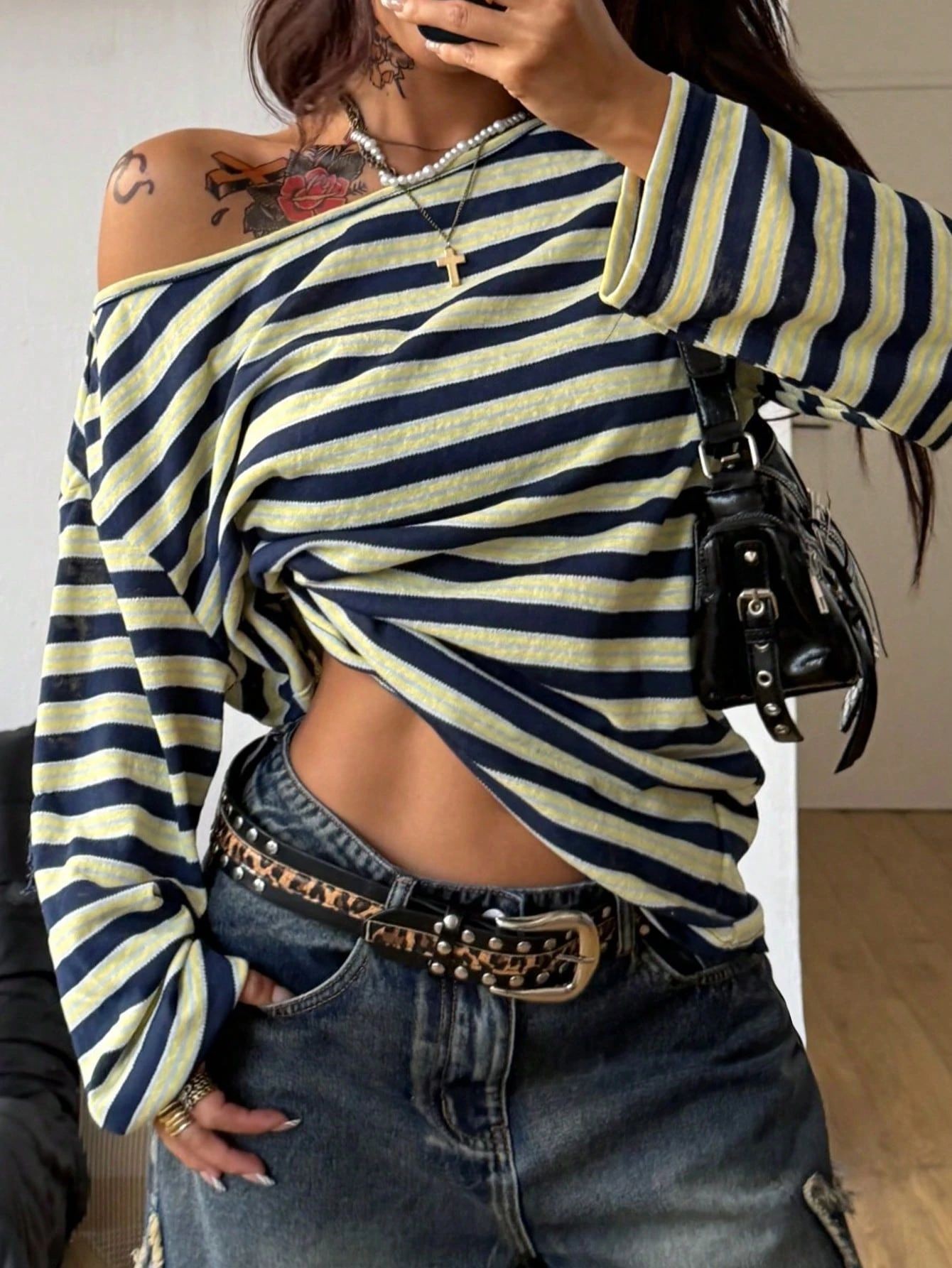 Women's Oversized Striped Blue - đánh giá và giá Blouse Off Shoulder