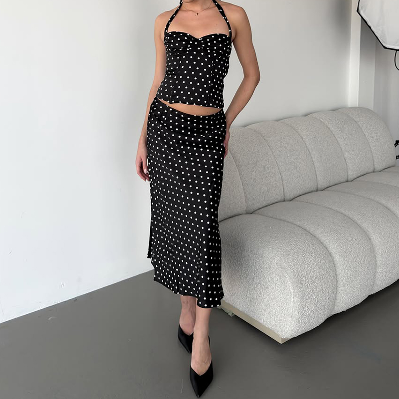 Two Piece Set Polka Dot Skirts - đánh giá và giá Crop Top Crochet